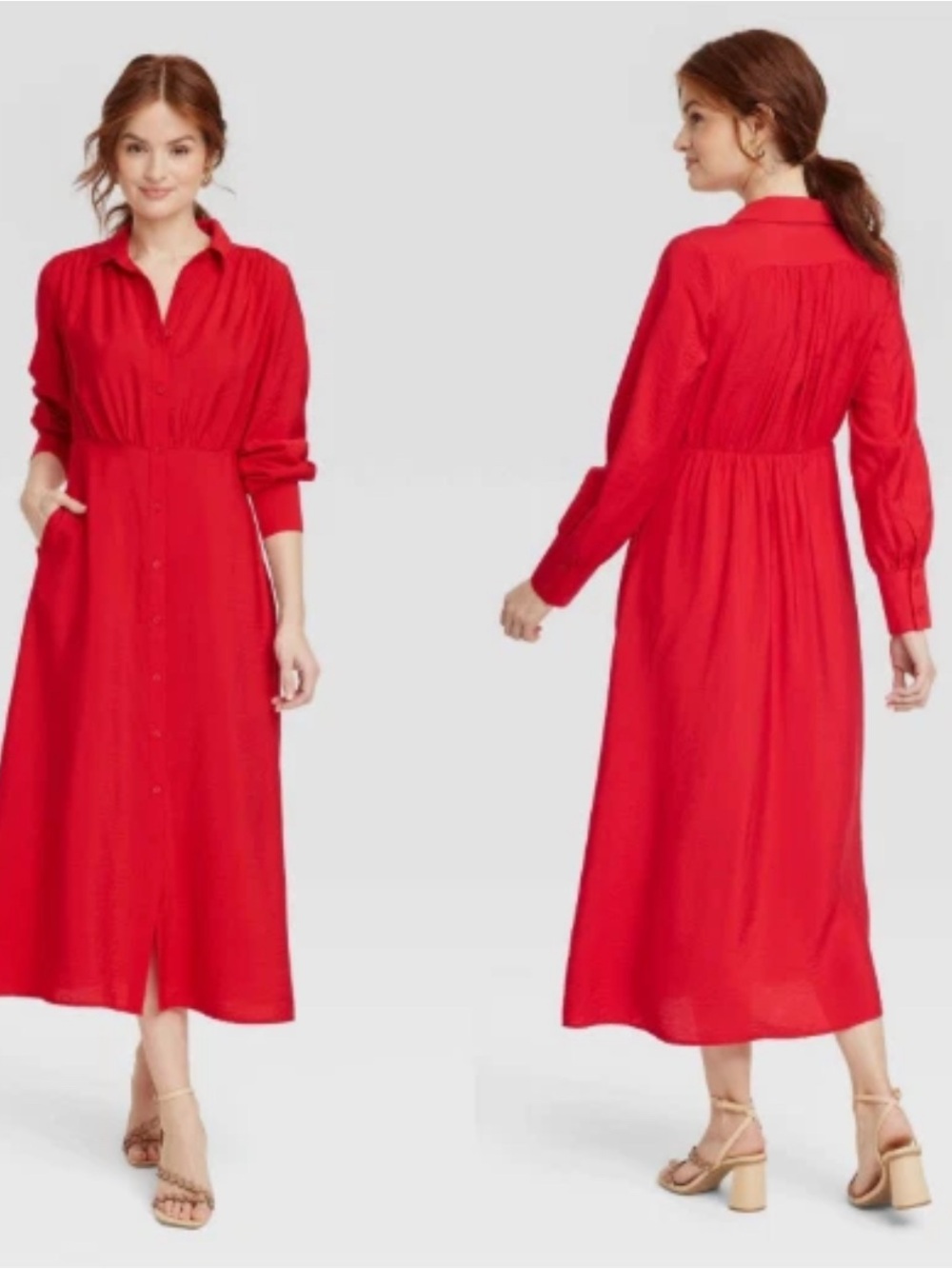 A New Day Red Button-Front Midi Shirt Dress